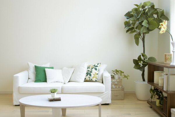Pokój sofa w aorzinestol i sofa białe ściany białe podłogi beżowy