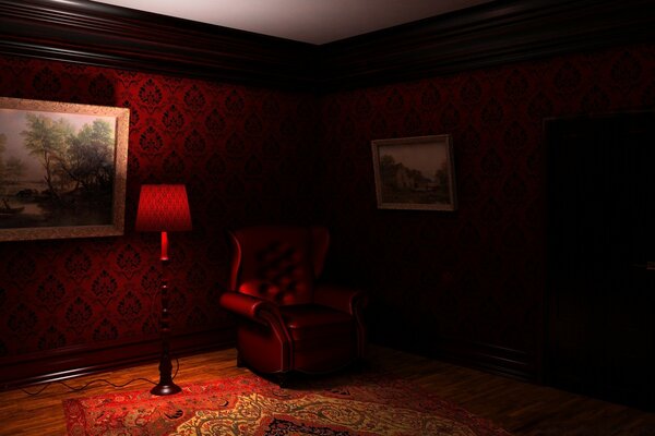 Quarto vermelho em uma casa escura