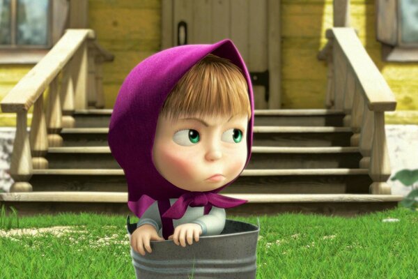 Masha from the cartoon is sitting in a bucket