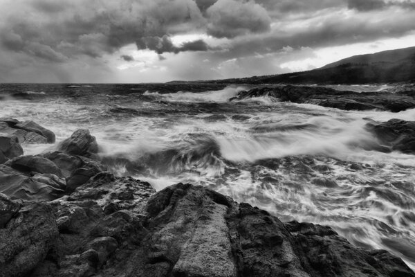 Storm at sea black and white photo