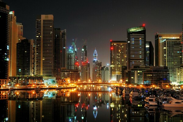 Lights of the night city and high skyscrapers