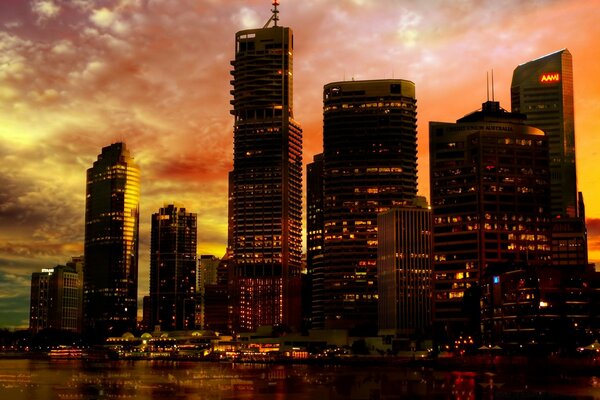 Skyscrapers shine with their lighting at night