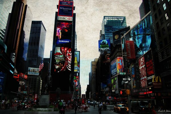 View of skyscrapers with huge advertising monitors