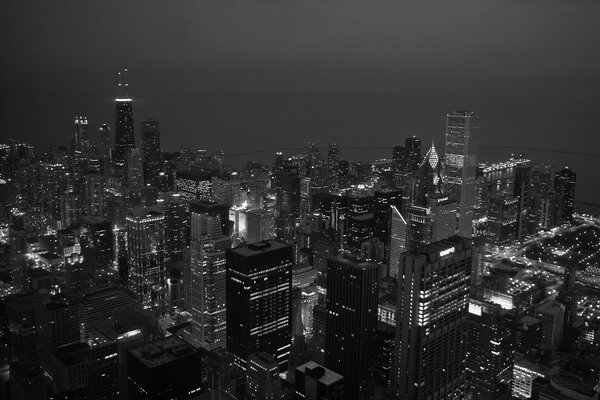 Night skyscrapers in black and white