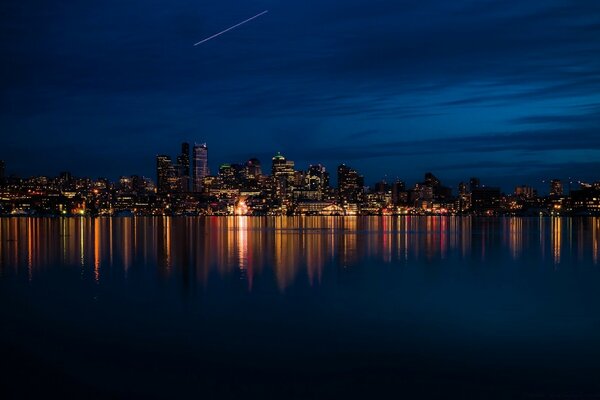 Night lights of the city by the water