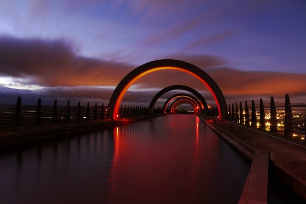 在另一个城市的水的背景上的桥后面的天空日落