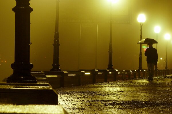 Rainy foggy night and a lonely passerby