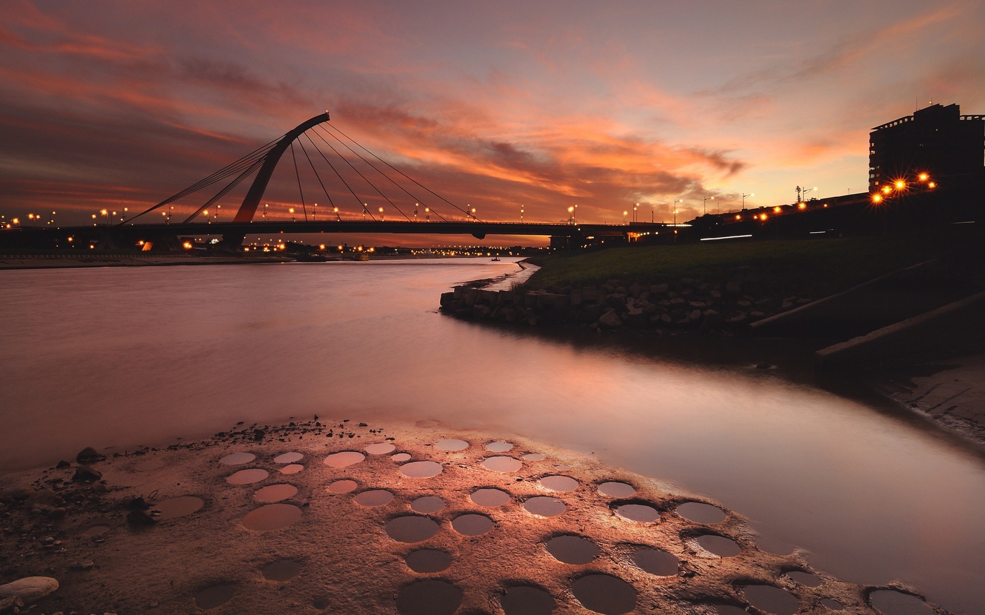 other city sunset water beach dawn evening sea landscape ocean travel seashore city reflection river bridge dusk light sky