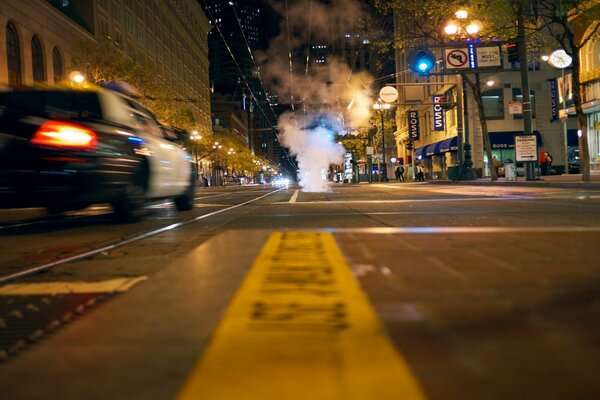 Street at night on the road cars