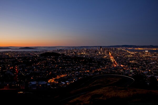 City sunset at a bird s-eye view