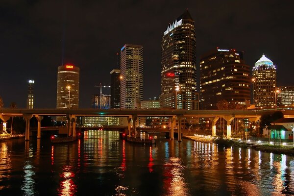 Night city center and water