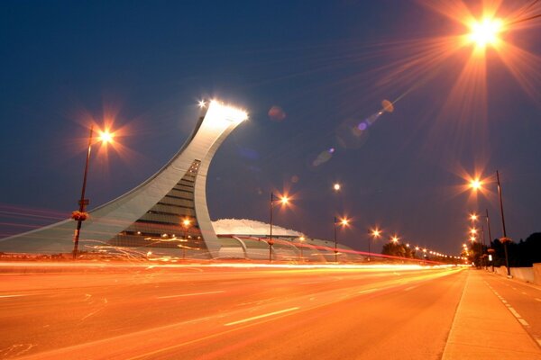 Twilight on lighted roads in the city