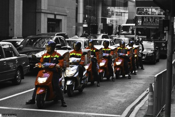 Traffic jam city transport motorcyclists column