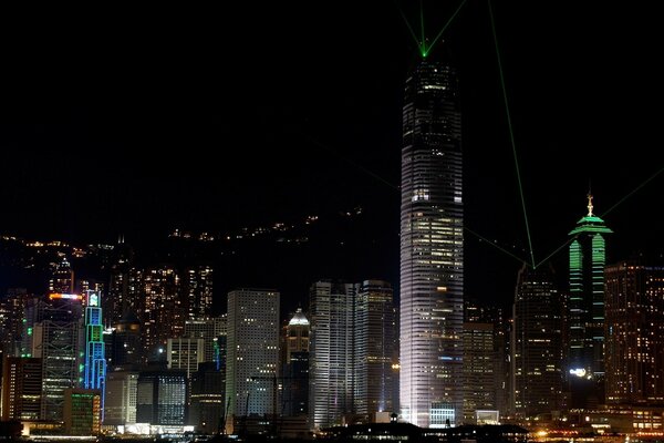 Night city and glowing skyscrapers