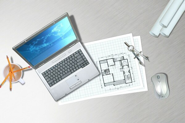 Designer-Desktop, Laptop und Zirkel