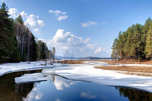 Lake in the snow in early spring