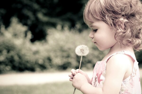 Una niña sostiene un diente de León frágil