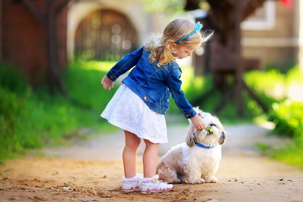 Une petite fille dans une robe et une veste en Jean caresse un chien moelleux