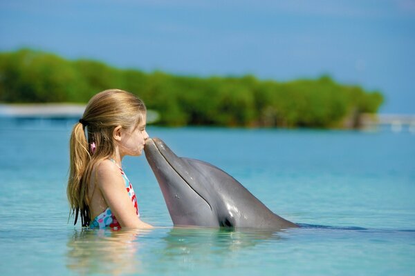 Küssen Sie ein Mädchen mit langen Haaren und einem Delphin