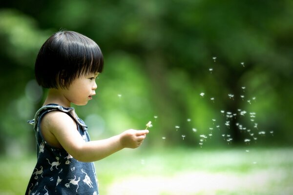 A girl with flying dandelions