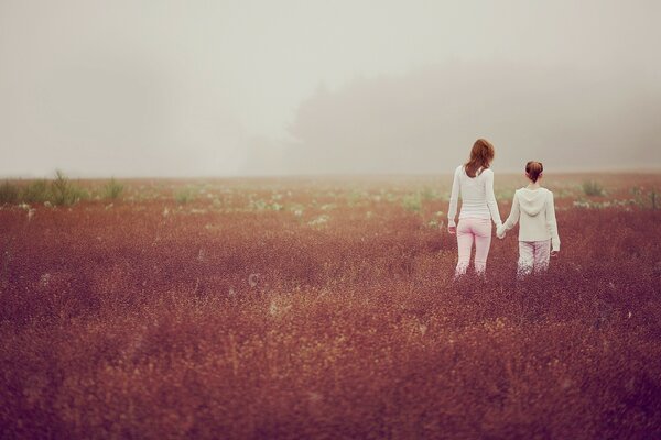 Mom and daughter walk in the field at sunset