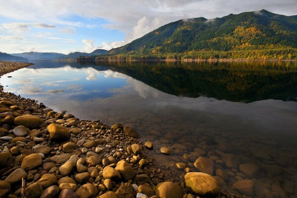 Galets lisses sur la rive de la rivière de montagne