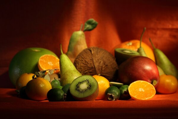 Still life of fruit and coconut