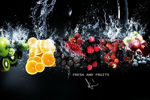 Image of fruits and berries in a splash of water