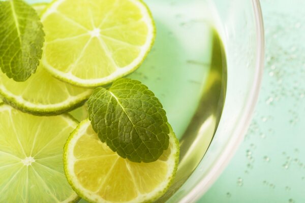 Lemon and mint in a glass drink