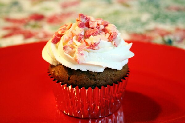 Delicious cream cupcake on a red background