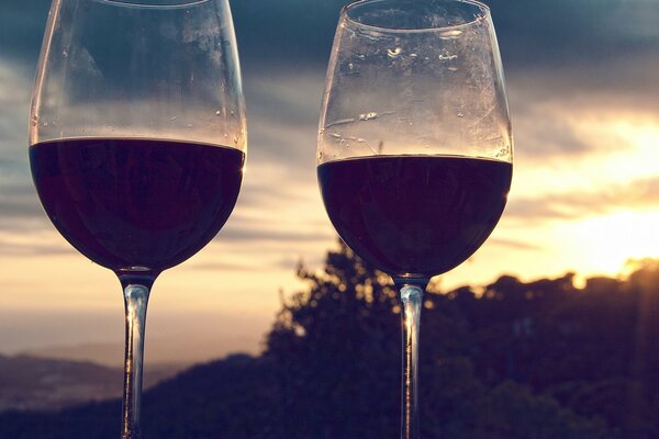 Two glasses of wine against a cloudy sky