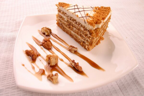 Delicious honey cake on a white plate
