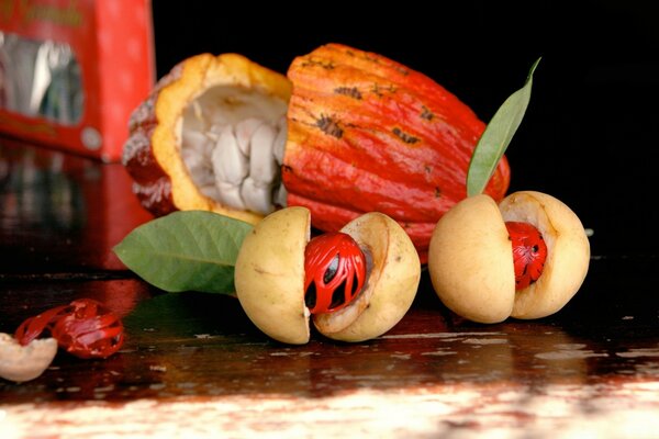 Desktop background with fruit on a wooden table