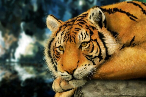 जंगली प्रकृति की पृष्ठभूमि पर उदास बाघ