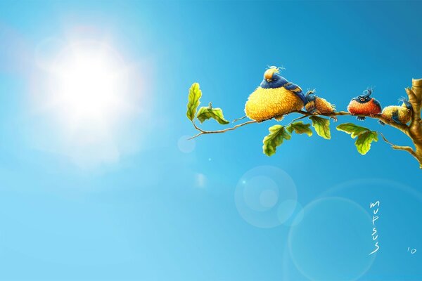 Petits oiseaux sur une branche sur un fond de lumière bleue