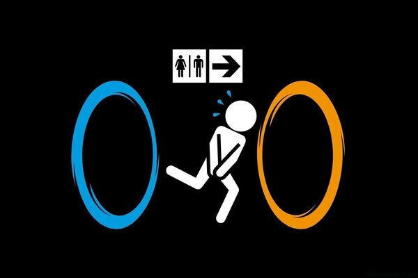 一个男人在黑色背景上的圆圈和厕所标志的插图