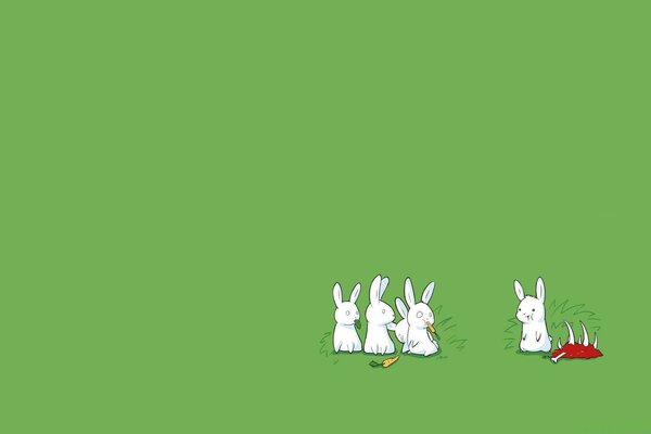 Four hares on a green background