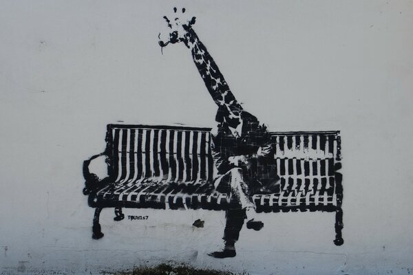 Graffiti-Giraffe im Anzug auf einer Bank