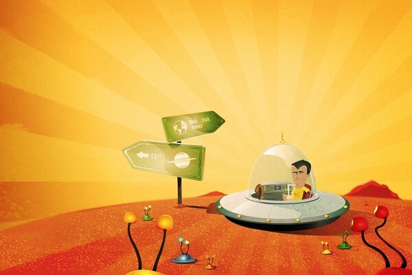 A cartoon man in a flying saucer stands on a red field