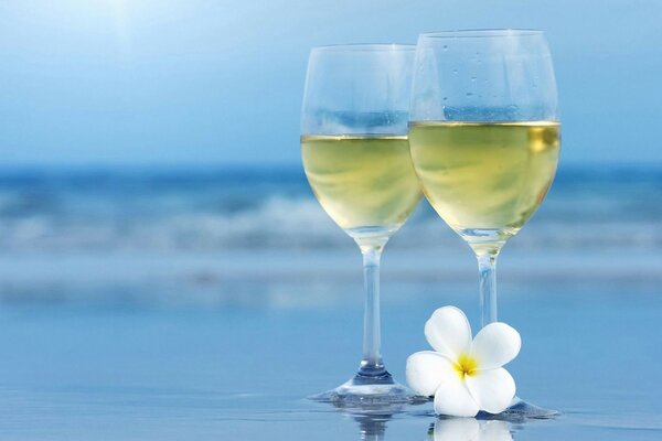 Eine Blume und zwei Gläser Wein am Strand