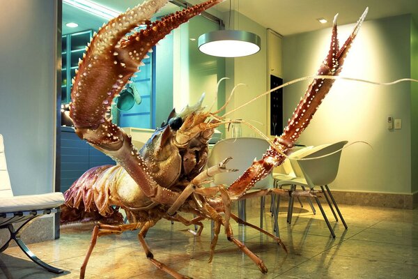 Un cáncer gigante con garras entre las mesas de un Restaurante