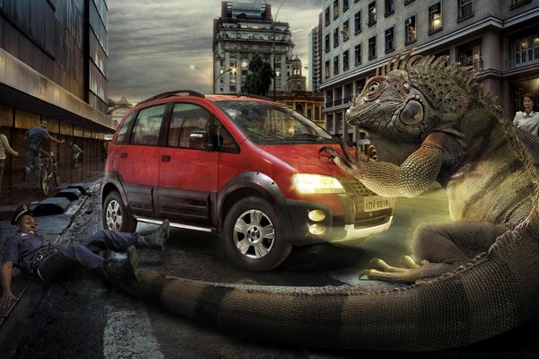 A huge iguana has installed a car in the city