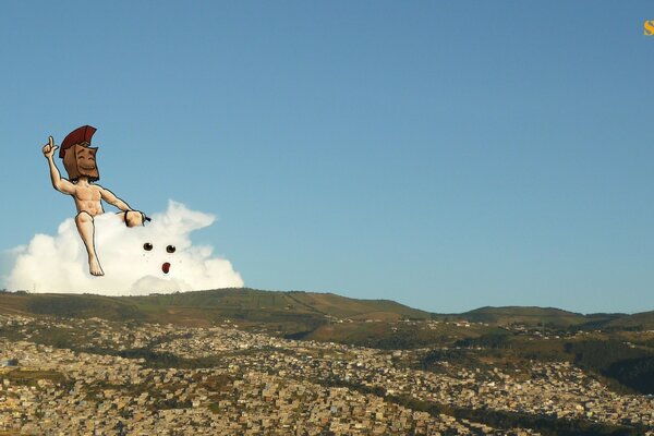 Guerrier avec un paquet sur la tête Monte sur un nuage