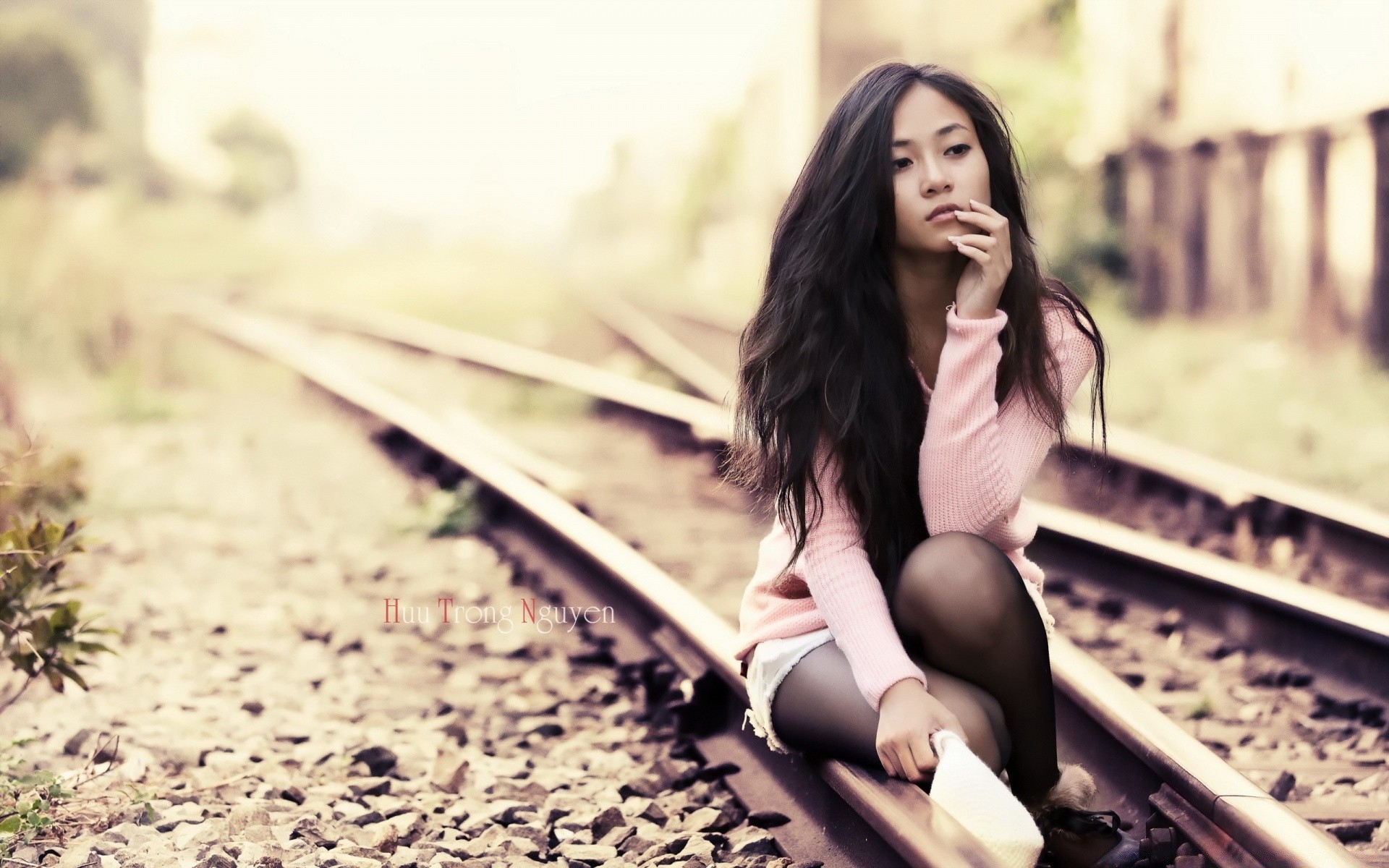 the other girls girl woman train model fashion nature beautiful portrait fall adult brunette railway outdoors one hair young pretty smile travel