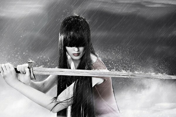 A girl with a sword in the pouring rain