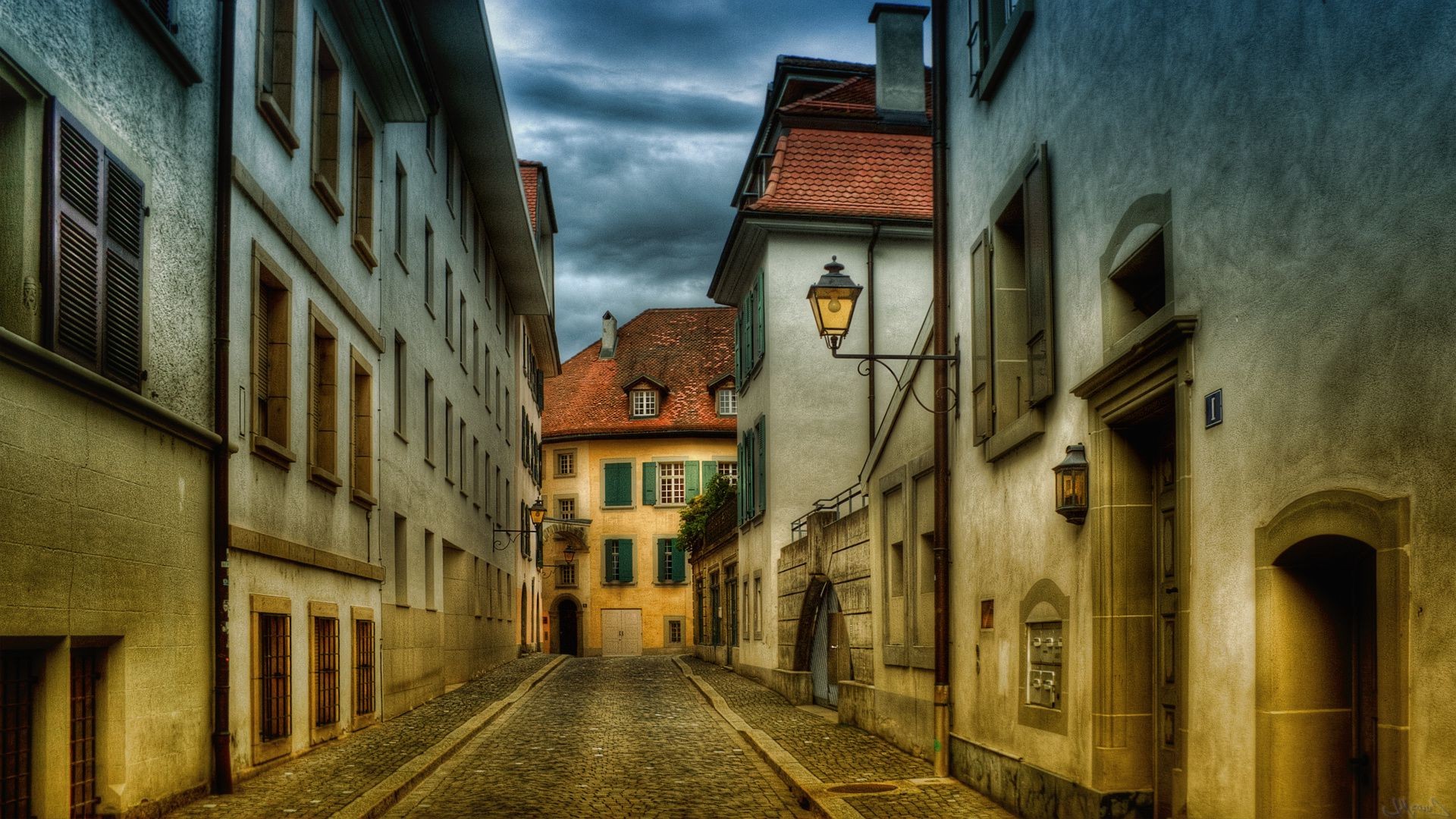 city street architecture house old building travel urban window alley narrow town gothic vintage light