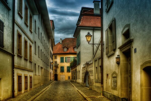 Old town street with lanterns