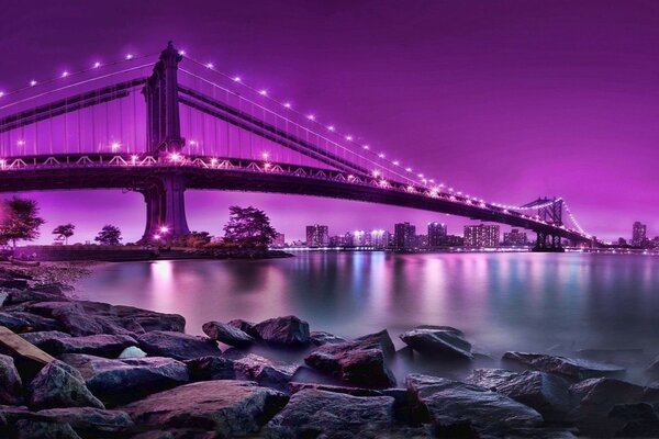 Pont dans les lumières roses au-dessus de la grande rivière