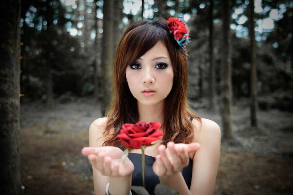 Ragazza carina con le rose in natura