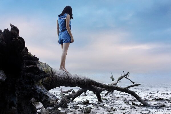 Risques. Fille sur l arbre près de l eau